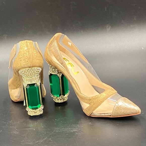 FSJ Nude Transparent Bridal Pointed 
Toe Chunky Block Heel Crystal
Pumps - Picture 3 of 15